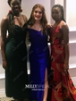 Black Sheath/Column Off-the-shoulder Satin Modest Prom Dresses