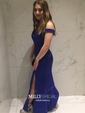 Black Sheath/Column Off-the-shoulder Satin Modest Prom Dresses