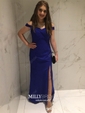 Black Sheath/Column Off-the-shoulder Satin Modest Prom Dresses