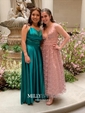 A-line Sweep Train Scoop Neck Silk-like Satin Pockets Prom Dresses