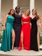 A-line Sweep Train Scoop Neck Silk-like Satin Pockets Prom Dresses