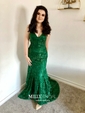 Trumpet/Mermaid Sweep Train V-neck Lace Prom Dresses