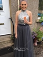 Ball Gown High Neck Tulle Cut Out Prom Dresses With Beading