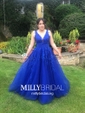Ball Gown V-neck Floor-length Tulle Prom Dresses With Appliques