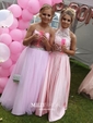 Ball Gown Strapless Sequin Tulle Prom Dresses With Beading