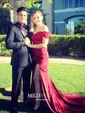 Sheath/Column Sweep Train Off-the-shoulder Silk-like Satin Split Front Prom Dresses