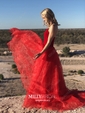Ball Gown/Princess Sweep Train V-neck Organza Velvet Prom Dresses