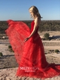 Ball Gown V-neck Velvet Tulle Ruffle Prom Dresses