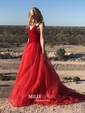 Ball Gown/Princess Sweep Train V-neck Organza Velvet Prom Dresses