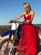 Ball Gown V-neck Velvet Tulle Ruffle Prom Dresses