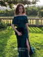 Sheath/Column Off-the-shoulder Satin Modest Prom Dresses