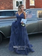 A-line V-neck Lace Court Train Lace Prom Dresses