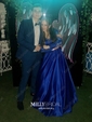 Ball Gown V-neck Satin Tulle Modest Prom Dresses With Appliques