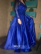 Ball Gown V-neck Satin Tulle Modest Prom Dresses With Appliques