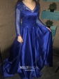 Ball Gown V-neck Satin Tulle Modest Prom Dresses With Appliques