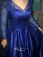 Ball Gown V-neck Satin Tulle Modest Prom Dresses With Appliques