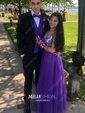 A-line V-neck Backless Tulle Prom Dresses With Appliques