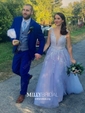Ball Gown V-neck Floor-length Tulle Prom Dresses With Appliques