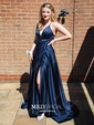 Black Ball Gown V-neck Satin Prom Dresses With Ruched