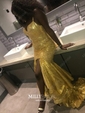 Trumpet/Mermaid Sweep Train V-neck Sequined Split Front Prom Dresses