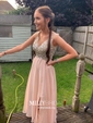 A-line V-neck Floor-length Backless Chiffon Prom Dresses With Beading