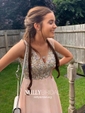 A-line V-neck Floor-length Backless Chiffon Prom Dresses With Beading