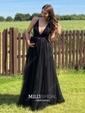Black A-line V-neck Floor-length Tulle Prom Dresses With Split
