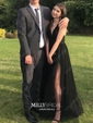 Black A-line V-neck Floor-length Tulle Prom Dresses With Split