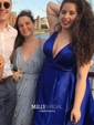 Black Ball Gown V-neck Satin Prom Dresses With Ruched
