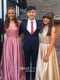 Ball Gown Illusion Satin Cut Out Prom Dresses With Beading