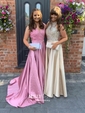 Ball Gown Illusion Satin Cut Out Prom Dresses With Beading