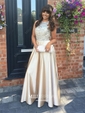 Princess Scoop Neck Satin Floor-length Beading Prom Dresses