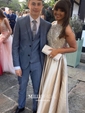 Ball Gown Illusion Satin Cut Out Prom Dresses With Beading