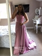 Princess V-neck Satin Sweep Train Beading Prom Dresses