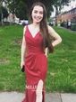 Sheath/Column V-neck Satin Prom Dresses With Ruched