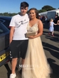 Ball Gown V-neck Floor-length Tulle Prom Dresses With Appliques