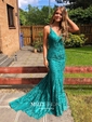Trumpet/Mermaid V-neck Lace Sweep Train Lace Prom Dresses