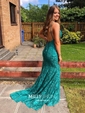 Burgundy Mermaid V-neck Lace Backless Prom Dresses