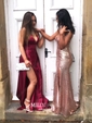 A-line Sweep Train V-neck Silk-like Satin Split Front Prom Dresses