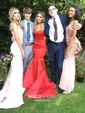Red Mermaid Strapless Satin Ruffle Tiered Prom Dresses