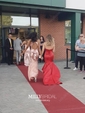 Red Mermaid Strapless Satin Ruffle Tiered Prom Dresses