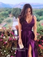 Royal Blue A-line V-neck Satin Prom Dresses With Ruched