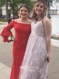 A-line V-neck Lace Court Train Lace Prom Dresses