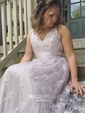 A-line V-neck Lace Court Train Lace Prom Dresses