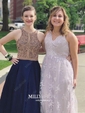 A-line V-neck Lace Court Train Lace Prom Dresses