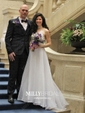 A-line V-neck Tulle Sweep Train Wedding Dresses With Appliques Lace