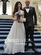 A-line V-neck Tulle Sweep Train Wedding Dresses With Appliques Lace