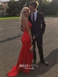 Sheath/Column V-neck Backless Floor-length Satin Prom Dresses