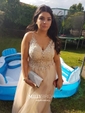 Ball Gown V-neck Floor-length Tulle Prom Dresses With Appliques