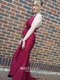 Burgundy Mermaid V-neck Satin Cut Out Prom Dresses